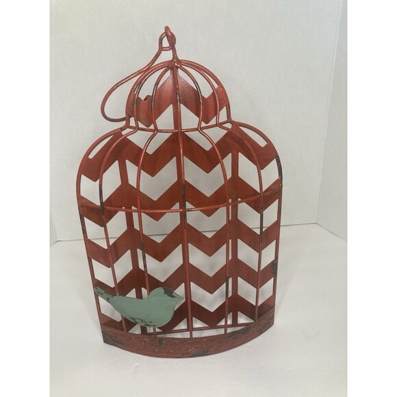 Rustic Bird Cage Red Teal Metal Wire Hanging Wall Mount Decorative Decor 13x8 - Picture 2 of 8